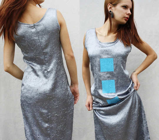 Maxi Dress Grey Silver Shiny Geometric Summer Vintage Shift Slip Women Pencil
