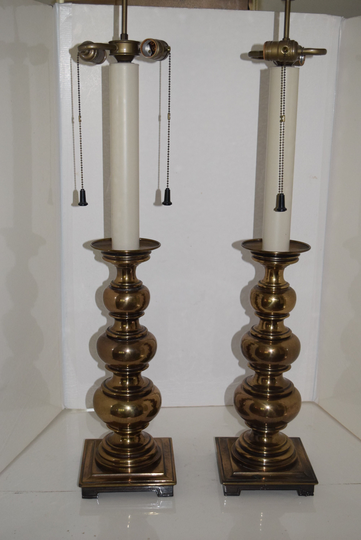 Stiffel Brass Candlestick Baluster Table Lamp Bronze Finish Mid Century Hollywood Regency Era Monumental James Mont Style Ball Temple