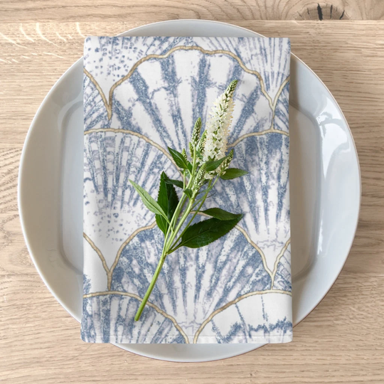 Blue Boho Cloth Table Napkins, Sea Shell, Ocean Design, Nautical Pattern, Décor, Minimalist, Beach House