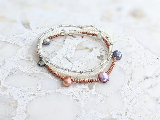 Pearl Bracelet, Bracelet Set, Seed Bead Minimalist Beaded Stretch Dainty Freshwater