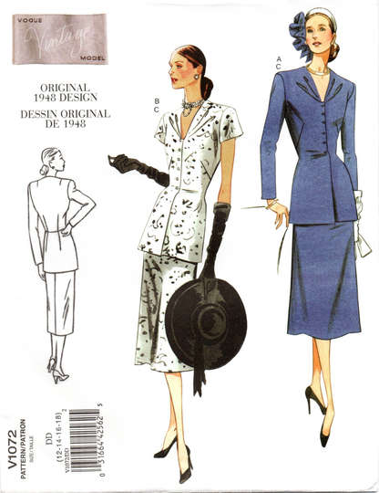 Vogue 1072 Vintage Model Post Wwii 1940's Fitted, Longline Blouse & Skirt Pattern Choose Size