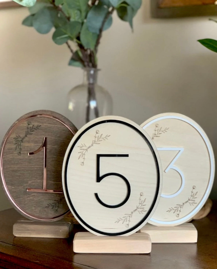 Oval Vintage Inspired Wedding Table Number Signs, Event Wooden & Acrylic Sign, Floral Sign With Stand