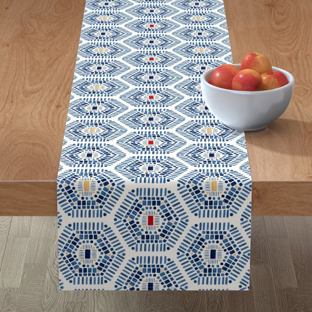Mosaic Geo Table Runner - Indigo Honeycomb By Gargipanwar Minimalist Geometric Cotton Sateen Spoonflower