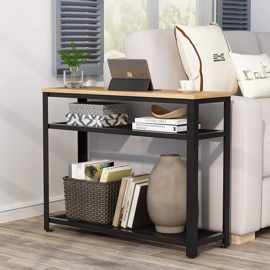 3-Tier Console Table, Narrow Side Table with Mesh Storage Shelves