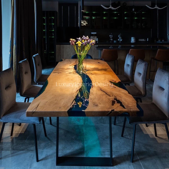Custom River Table Epoxy Resin Coffee Table, Live Edge Dining Room Wood Furniture, Walnut Slab Side