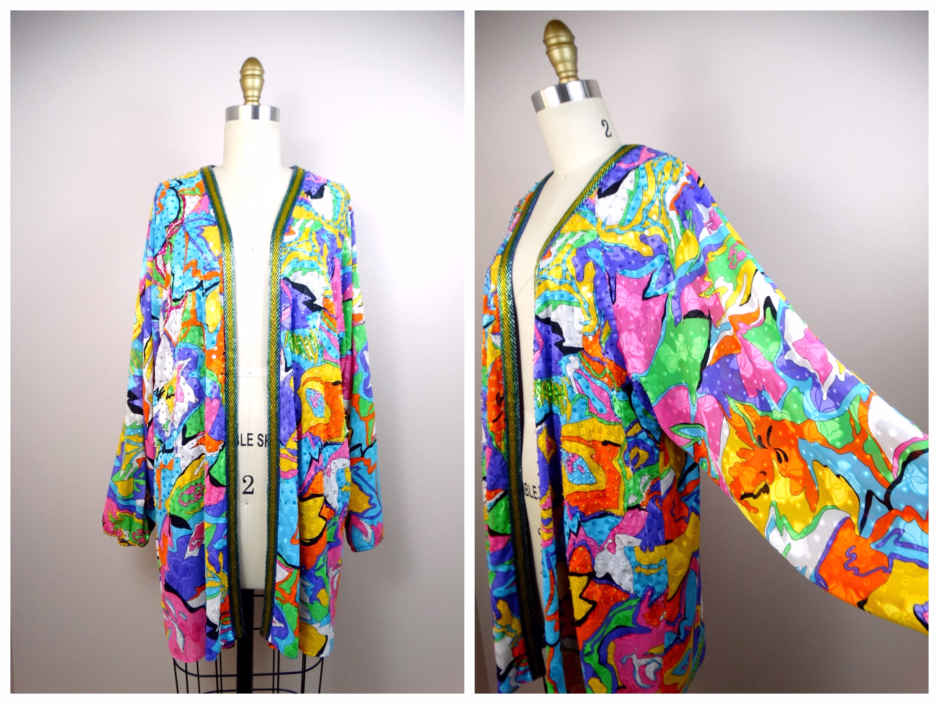 Colorful Sheer Silk Beaded Long Cardigan // Light Sequin Embellished Kimono Shrug Bright Sequined Open Top Braxae Vintage Co