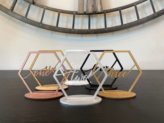 Wedding Numbers, Hexagon Table Gold, Silver, Rose Gold Wood, Acrylic Setting