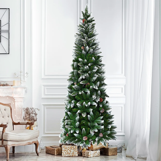 Gymax 5'/6'/7.5'Snow Flocked Pencil Christmas Tree w/ PVC Needles - See Details