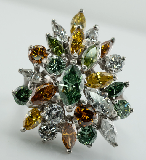 Colorful Diamond Ring, Platinum Cluster Cocktail Statement