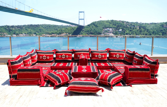 Corner Arabic Floor Seating, Sectional Sofas, Red Couches, Balcony Patio Pallet Sofa, Ethnic Moroccan Pouffs