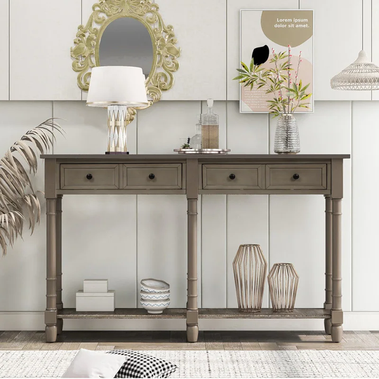 Rustic Console Table w/2 Storage Drawers & Bottom Shelf (Gray Wash)