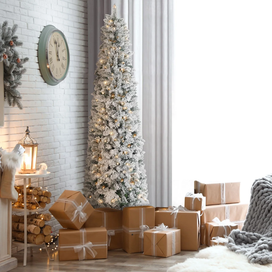 VEIKOUS 6.5FT/7.5FT Slim Pencil Christmas Tree Snow Flocked/Artificial Pre-lit with Lights and Metal Stand
