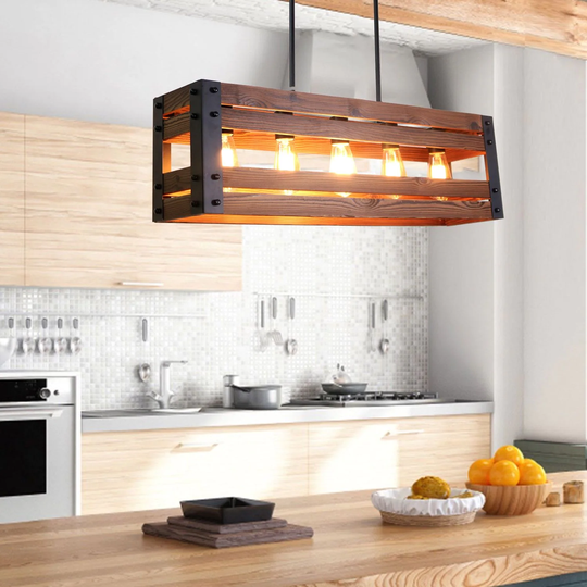 Farmhouse 5-Light Wood Linear Kitchen Island Pendant Light