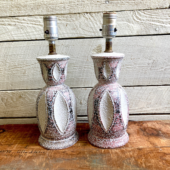 60S Mid Century Ceramic Lamps Carved Textured Surface 2 Table Lamps-Vintage Lighting - Speckled Glaze