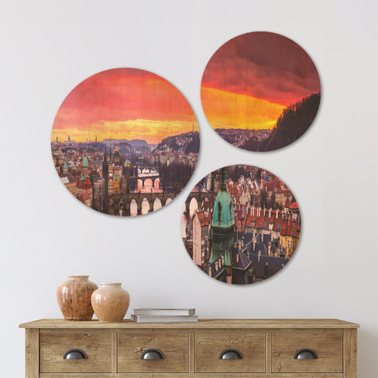 Designart 'Bridges in Prague Panorama' Landscape Wood Wall Art Set of 3 Circles - Multi-Color