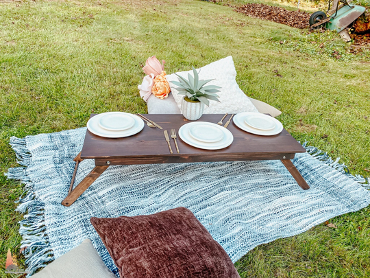Low Portable Boho Picnic Table With Foldable Legs Custom 40x16 Three Person, Wooden Outdoor Event For Three, Camping