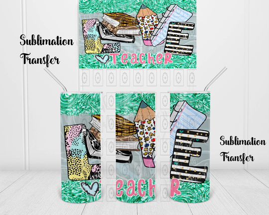 Teacher Love Notebook Pencils Books - Sublimation Transfer Ready To Press Skinny Tumbler 20Oz Straight 30Oz