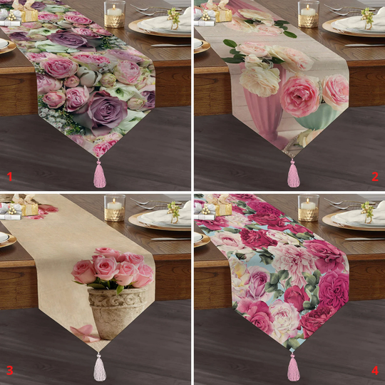 Pink Rose Design Table Runner, Triangle Dining Deluxe Flower Runner With Tassel, Floral Home Decor