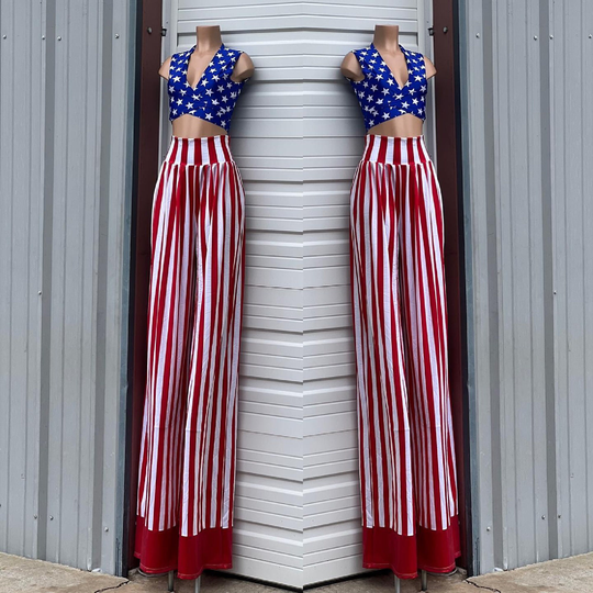 Trouser Style Stilt Pants in Red & White Stripe With Sparkly Jewel Cuffs, Blue Star Wrap Tie Crop Top - 1579173