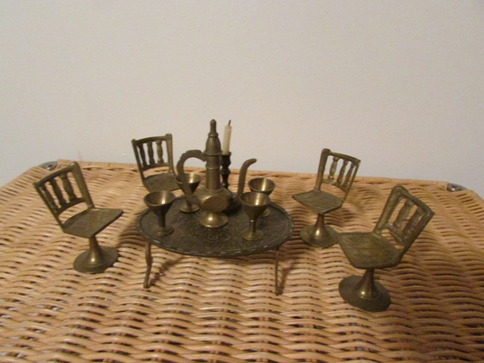 Small Vintage Brass Chairs Table, Dollhouse, Miniature Tea Set, Furniture, Candle Holder