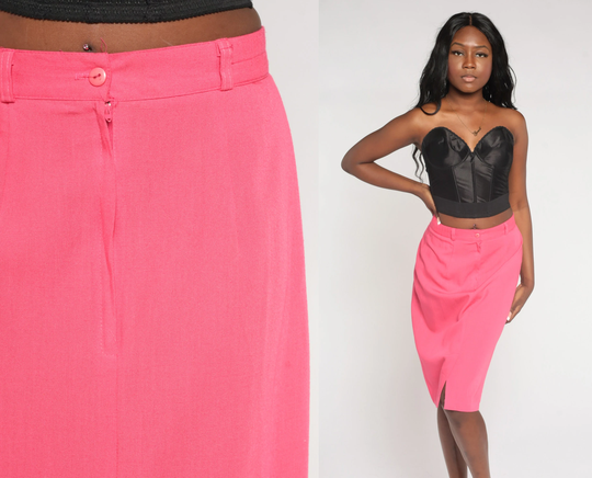 Pink Pencil Skirt 90S Knee Length Midi Simple High Waisted Retro Boho Chic Preppy Secretary Casual Hippie Plain Vintage 80S Medium 8