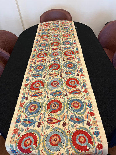 Embroidered Suzani Table Runner Bohemian Decor Red Blue White 72"x18" | 185x45cm Eclectic Silk Lumbar Home Decoration