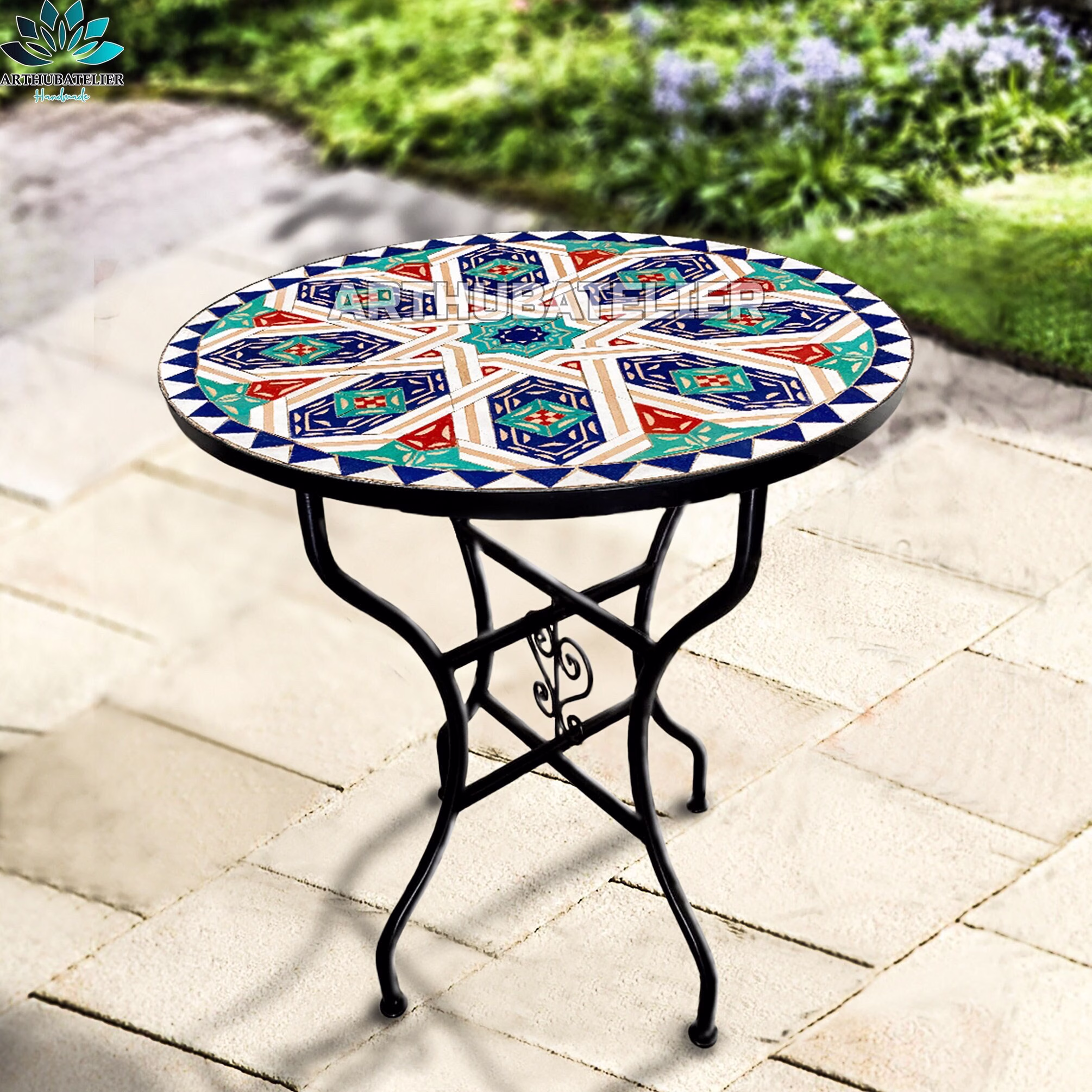 Customizable Mosaic Table, Outdoor-Indoor Coffee 100% Handcrafted, Round Mosaic Table, Moroccan Luxury Table Decor