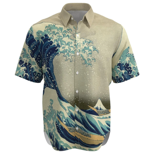 Hokusai Great Wave Off Kanagawa Painting Fine Art Men's Button Shirt Collar Short Sleeve