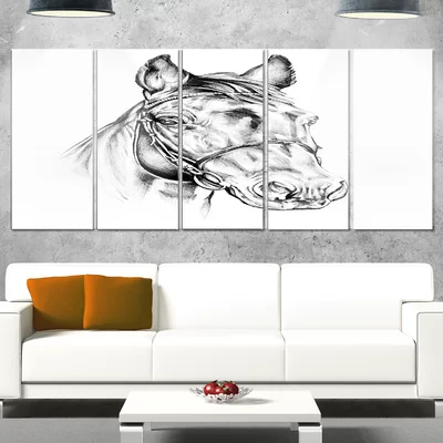 'Freehand Horse Head Pencil Drawing' 5 Piece Graphic Art on Metal Set