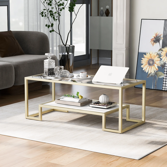 Living Room Coffee Table with Stained White Tempered Glass, 2-Tier Sofa Cocktail Tables