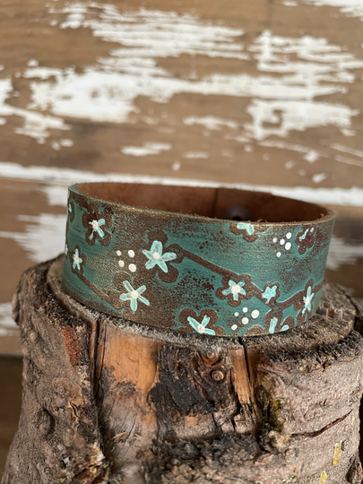 Leather Art Cuff-Create Your Own - Distressed Leather-Word Cuff-Turquoise Florals