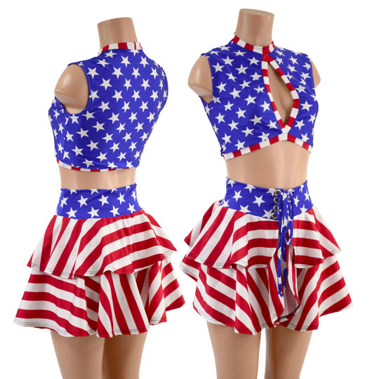 Patriotic 2Pc 15" Double Ruffle Open Front Laceup Skirt & Keyhole Top in Red White Stripe/Blue Star Emk157667