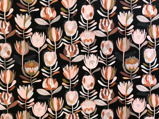 Protea Flower Blooming Australian Native Floral Black Quilting Cotton Fabric By 1/4, 1/2 Yard Or Fat Quarter