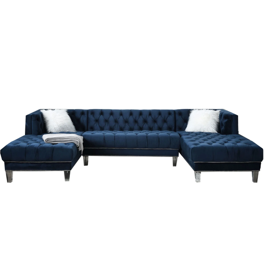 Velvet Upholstered Sectional Sofa with 2 Pillows in Navy Blue