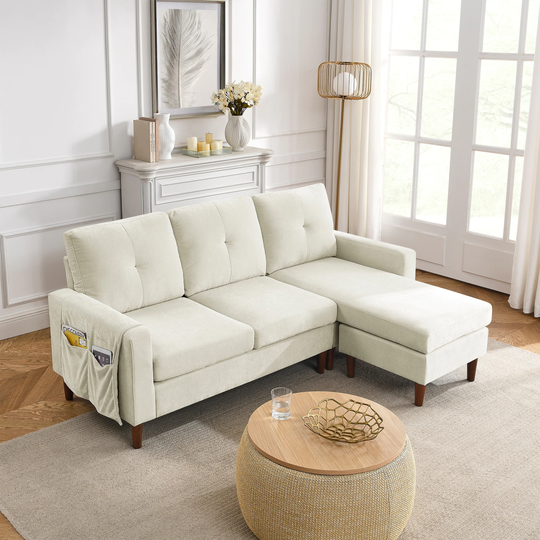 80" Convertible Sectional Sofa Chenille Couch, 3 Seats L-shape Sofa with Removable Cushions and Pocket & Rubber Wood Legs