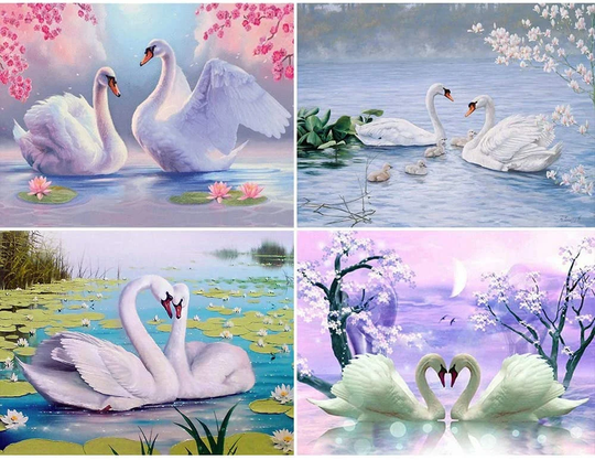 White Swans Round Full Drill 5D Diamond Painting For Home Set Of 4 Diy Wall Decor | 12x16 Inch in Stock - Ready To Ship