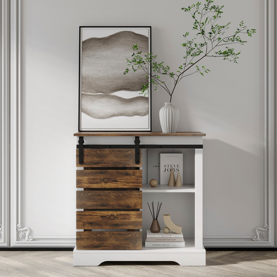 Side Cabinet Buffet Sideboard with Sliding Barn Door and Interior Shelves, White+Rustic Dark Oak