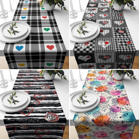 Black Valentine's Day Table Runner, Plaid Hearts Love Tablecloth, Setting, Wedding Gift, Gift For Her