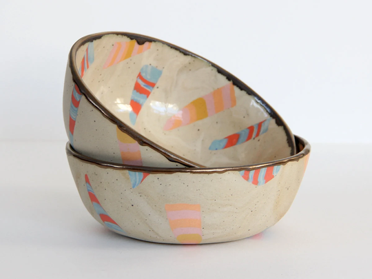 Small Colorful Nerikomi Ceramic Bowl, Beige Marbled Cereal Dish, Beach Sand Stoneware Red Blue Pink Yellow Orange Stripe Design Bowl