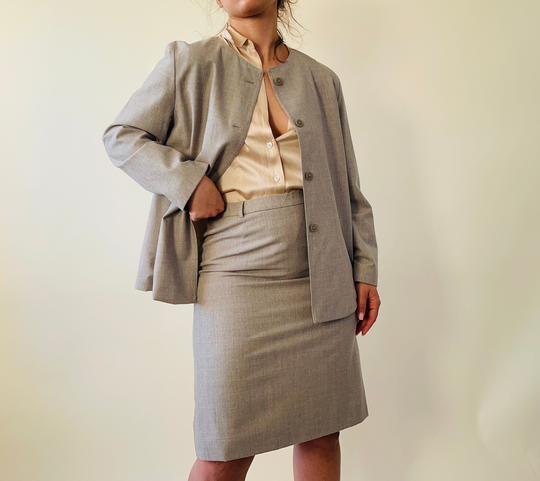 Vintage Fine Wool Grey Skirt Suit | Wool Pencil Skirt, Oversized Blazer Jacket