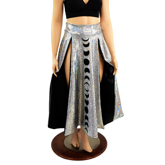 Double Split Skirt With Moon Phases in Silver On Black Shattered Glass. Lining & Applique Mystique 1579245