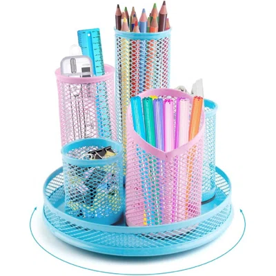 Rotating Pen Holder, Spinning Pencil Holder Desk Organizers, 5 Removable Tube Mesh Pen Pot Storage Caddy Stationery Sorter For Office School Supplies