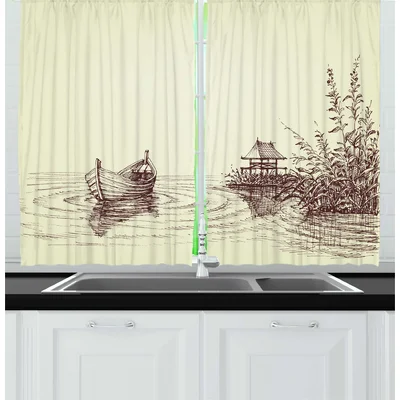 2 Piece Sketch Grunge Style Pencil Drawn Drawing of a Lake with an Empty Boat on Water Ripples Kitchen Curtain Set