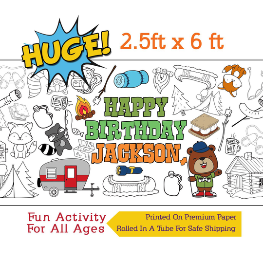 Personalized Camping Coloring Poster, Birthday Banner, Paper Tablecloth, Party Activity - 30" X 72" Inches