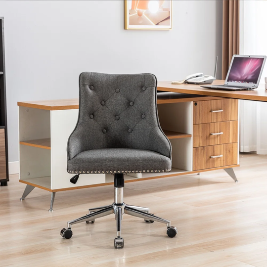 Grey Office Desk Chair with Tufted PU Leather Swivel Height Adjustable