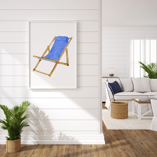 Watercolor Blue Beach Chair, Art, Print, Wall Retro, Theme Art