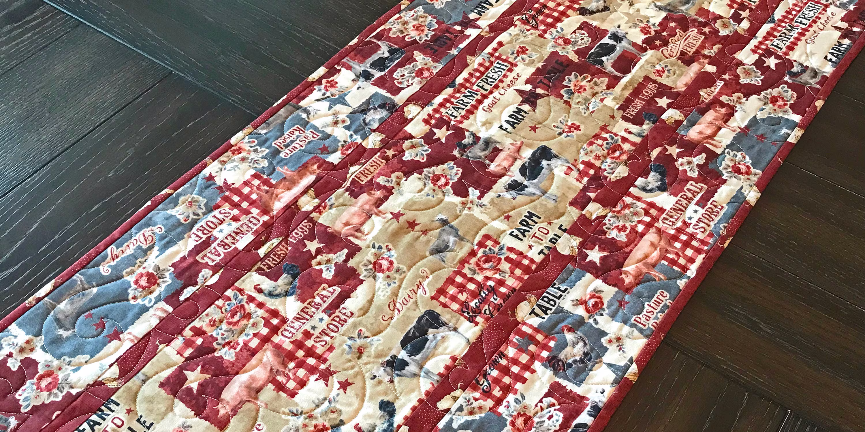 Farmhouse Themed Table Runner, Country Kitchen Chic Red Tan Gray Runner 15.5" X 48"