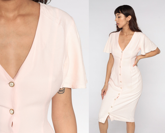 Pale Pink Sheath Dress 80S Button Up Midi Princess Seams Flutter Sleeve Vintage Wiggle Pencil Pastel 1980S Fitted Small Medium