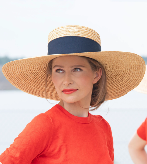 Extravagant Ladies Summer Hat With Large Brim Made Of Wheat Straw. Handmade Straw Unique Wide, Dark Blue Band, Zane