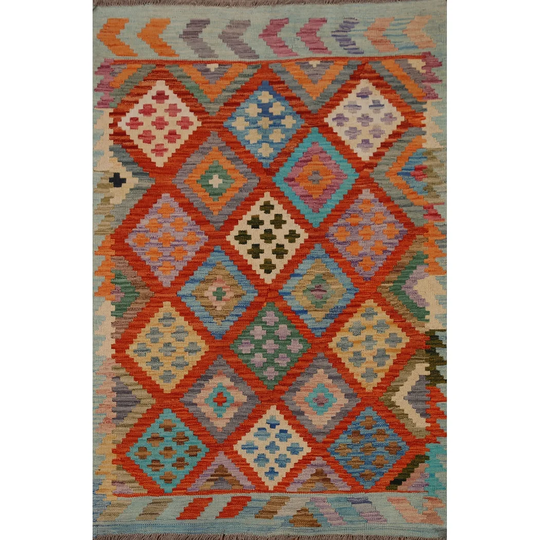 Reversible Kilim Area Rug Hand-woven Multi-Color Geometric Wool Carpet - 3'7" x 5'2"